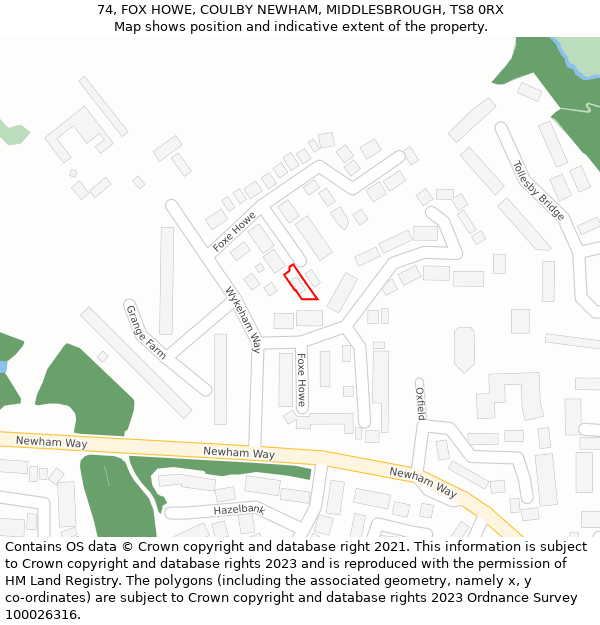 74, FOX HOWE, COULBY NEWHAM, MIDDLESBROUGH, TS8 0RX: Location map and indicative extent of plot