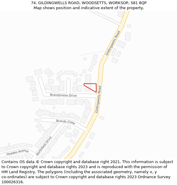 74, GILDINGWELLS ROAD, WOODSETTS, WORKSOP, S81 8QP: Location map and indicative extent of plot