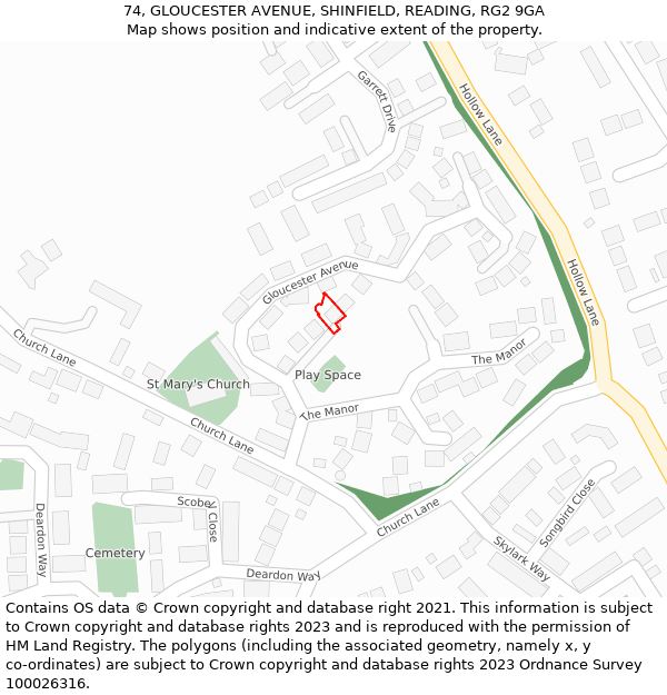 74, GLOUCESTER AVENUE, SHINFIELD, READING, RG2 9GA: Location map and indicative extent of plot