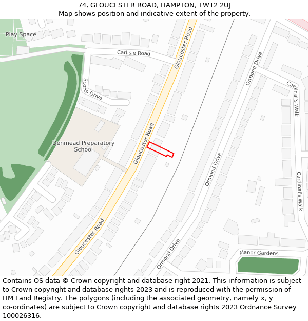 74, GLOUCESTER ROAD, HAMPTON, TW12 2UJ: Location map and indicative extent of plot