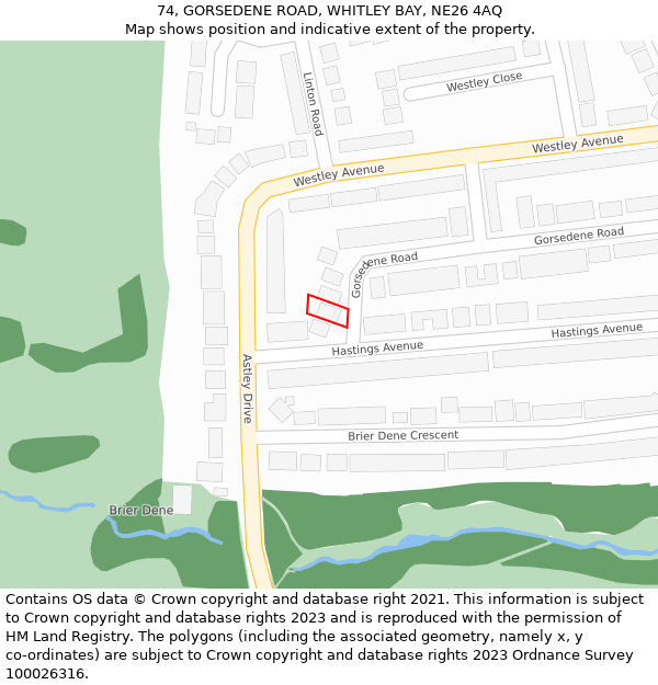 74, GORSEDENE ROAD, WHITLEY BAY, NE26 4AQ: Location map and indicative extent of plot