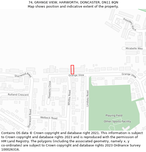 74, GRANGE VIEW, HARWORTH, DONCASTER, DN11 8QN: Location map and indicative extent of plot