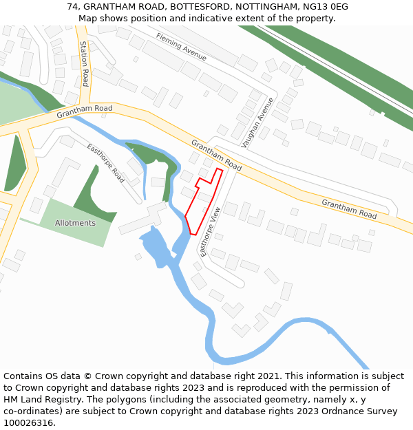 74, GRANTHAM ROAD, BOTTESFORD, NOTTINGHAM, NG13 0EG: Location map and indicative extent of plot