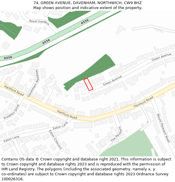 74, GREEN AVENUE, DAVENHAM, NORTHWICH, CW9 8HZ: Location map and indicative extent of plot