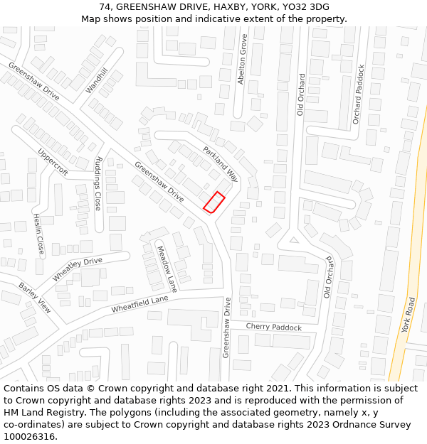 74, GREENSHAW DRIVE, HAXBY, YORK, YO32 3DG: Location map and indicative extent of plot