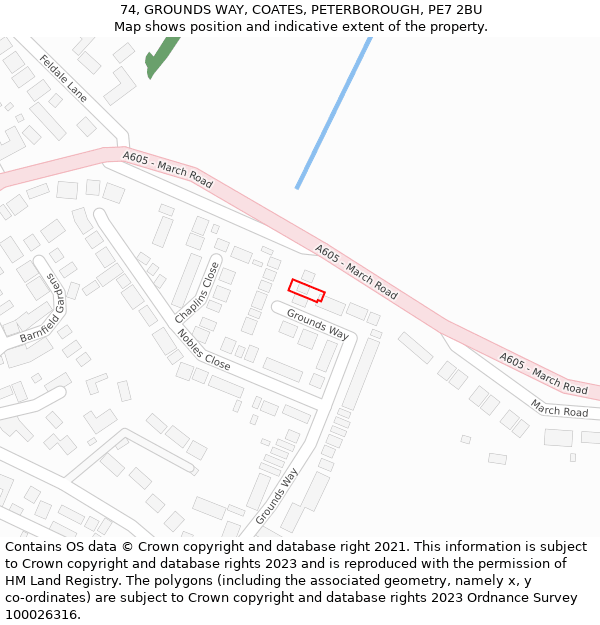 74, GROUNDS WAY, COATES, PETERBOROUGH, PE7 2BU: Location map and indicative extent of plot