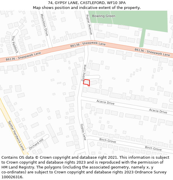 74, GYPSY LANE, CASTLEFORD, WF10 3PA: Location map and indicative extent of plot