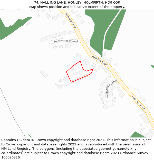 74, HALL ING LANE, HONLEY, HOLMFIRTH, HD9 6QR: Location map and indicative extent of plot