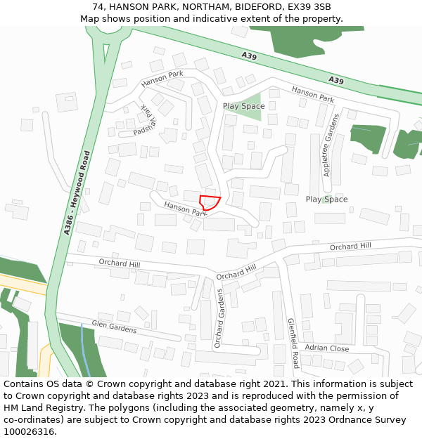 74, HANSON PARK, NORTHAM, BIDEFORD, EX39 3SB: Location map and indicative extent of plot