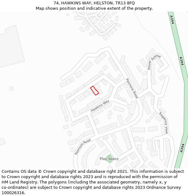 74, HAWKINS WAY, HELSTON, TR13 8FQ: Location map and indicative extent of plot