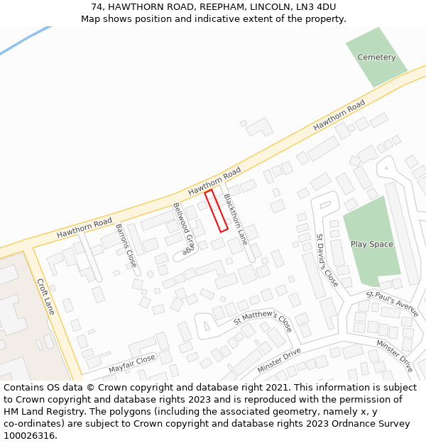 74, HAWTHORN ROAD, REEPHAM, LINCOLN, LN3 4DU: Location map and indicative extent of plot