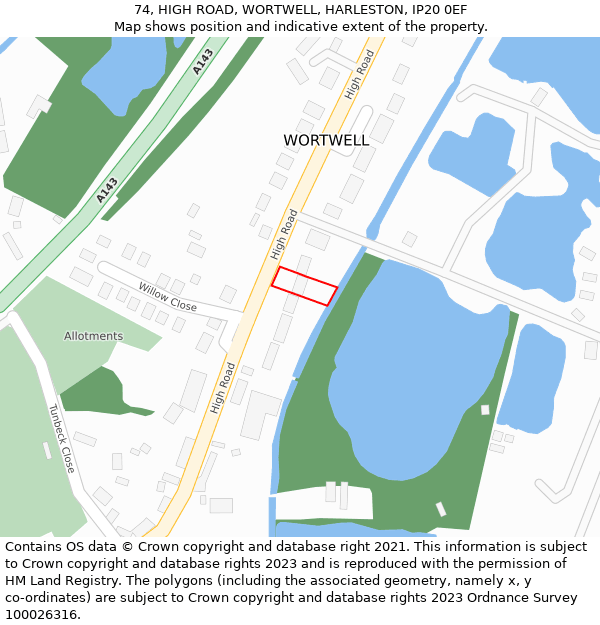 74, HIGH ROAD, WORTWELL, HARLESTON, IP20 0EF: Location map and indicative extent of plot