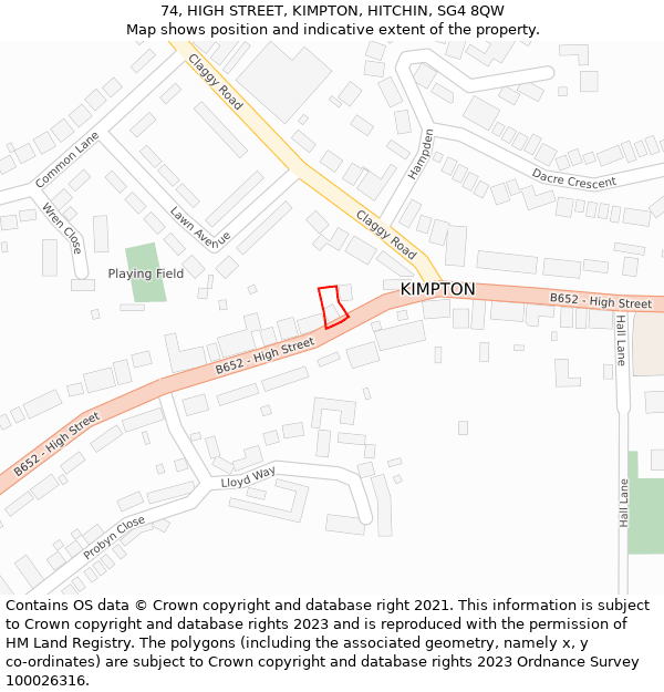 74, HIGH STREET, KIMPTON, HITCHIN, SG4 8QW: Location map and indicative extent of plot