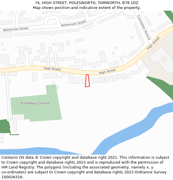 74, HIGH STREET, POLESWORTH, TAMWORTH, B78 1DZ: Location map and indicative extent of plot