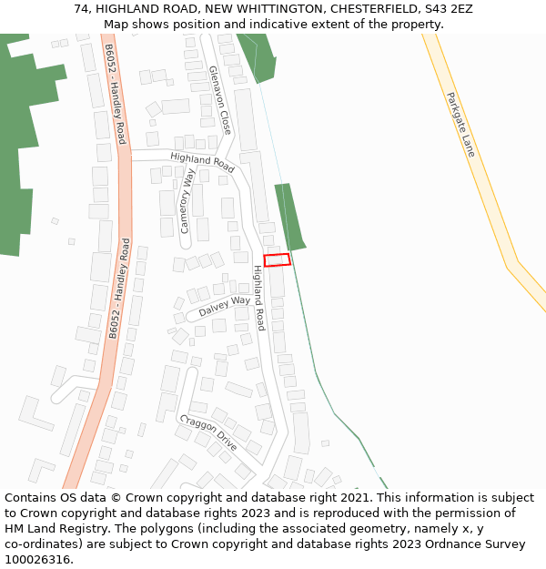 74, HIGHLAND ROAD, NEW WHITTINGTON, CHESTERFIELD, S43 2EZ: Location map and indicative extent of plot