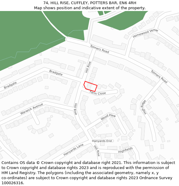 74, HILL RISE, CUFFLEY, POTTERS BAR, EN6 4RH: Location map and indicative extent of plot