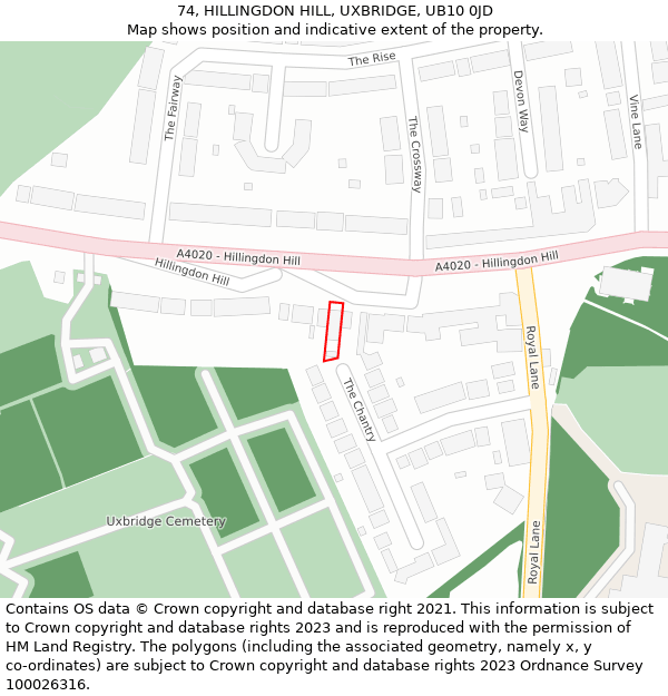 74, HILLINGDON HILL, UXBRIDGE, UB10 0JD: Location map and indicative extent of plot
