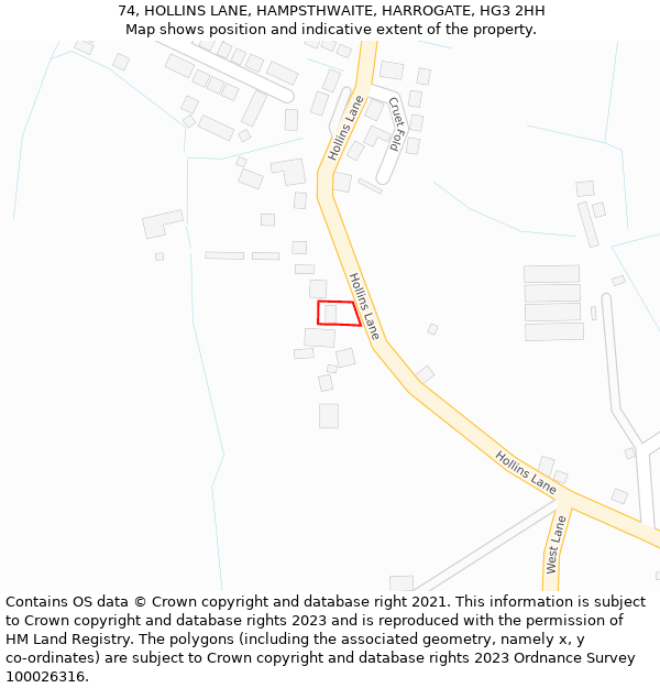 74, HOLLINS LANE, HAMPSTHWAITE, HARROGATE, HG3 2HH: Location map and indicative extent of plot