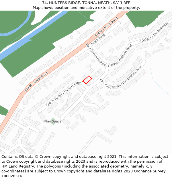 74, HUNTERS RIDGE, TONNA, NEATH, SA11 3FE: Location map and indicative extent of plot