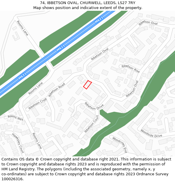 74, IBBETSON OVAL, CHURWELL, LEEDS, LS27 7RY: Location map and indicative extent of plot