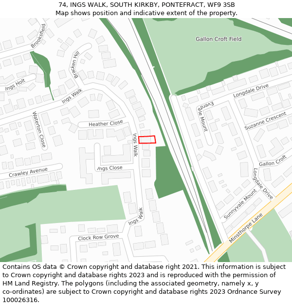 74, INGS WALK, SOUTH KIRKBY, PONTEFRACT, WF9 3SB: Location map and indicative extent of plot