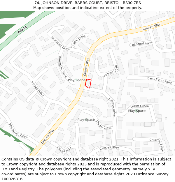 74, JOHNSON DRIVE, BARRS COURT, BRISTOL, BS30 7BS: Location map and indicative extent of plot