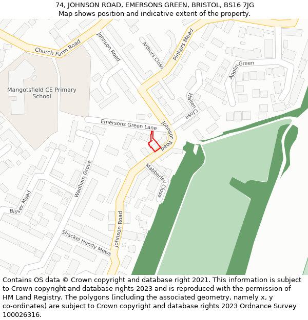 74, JOHNSON ROAD, EMERSONS GREEN, BRISTOL, BS16 7JG: Location map and indicative extent of plot
