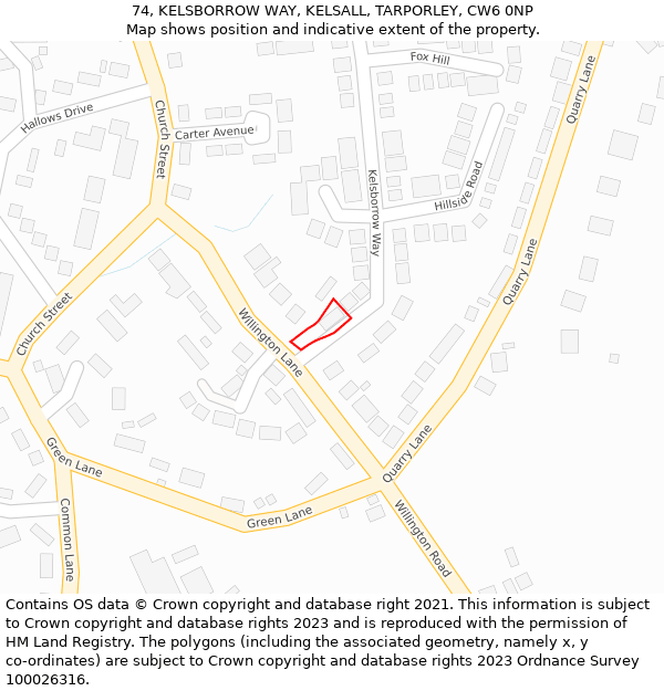 74, KELSBORROW WAY, KELSALL, TARPORLEY, CW6 0NP: Location map and indicative extent of plot