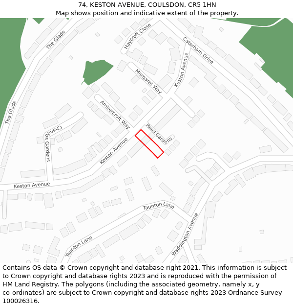74, KESTON AVENUE, COULSDON, CR5 1HN: Location map and indicative extent of plot
