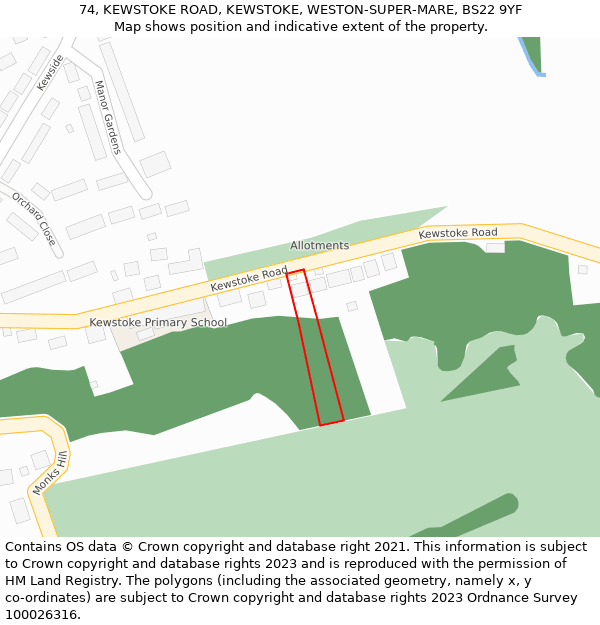 74, KEWSTOKE ROAD, KEWSTOKE, WESTON-SUPER-MARE, BS22 9YF: Location map and indicative extent of plot