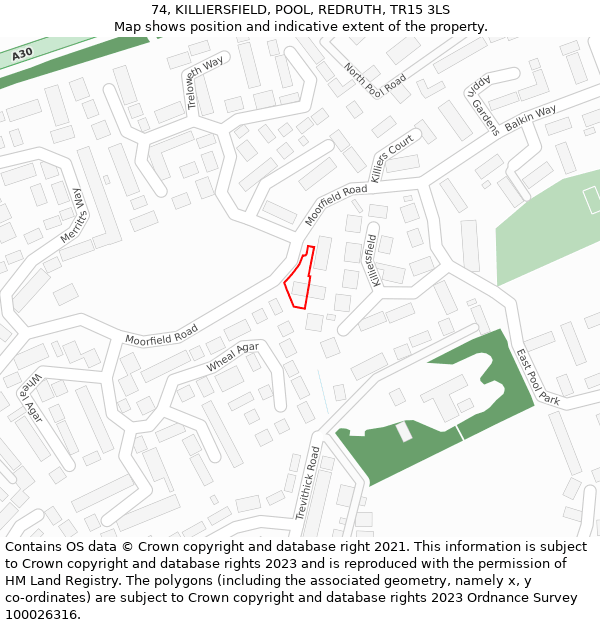 74, KILLIERSFIELD, POOL, REDRUTH, TR15 3LS: Location map and indicative extent of plot