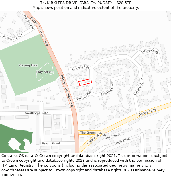 74, KIRKLEES DRIVE, FARSLEY, PUDSEY, LS28 5TE: Location map and indicative extent of plot