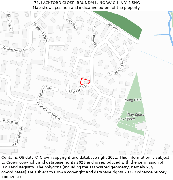 74, LACKFORD CLOSE, BRUNDALL, NORWICH, NR13 5NG: Location map and indicative extent of plot