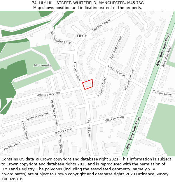 74, LILY HILL STREET, WHITEFIELD, MANCHESTER, M45 7SG: Location map and indicative extent of plot