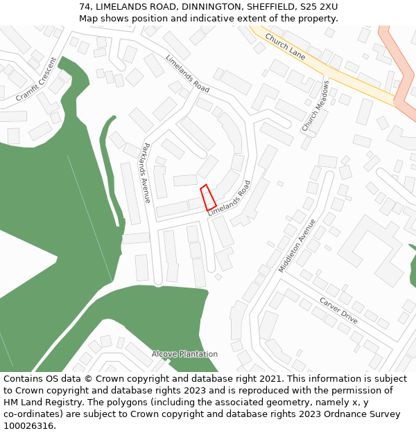 74, LIMELANDS ROAD, DINNINGTON, SHEFFIELD, S25 2XU: Location map and indicative extent of plot