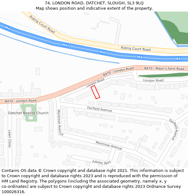 74, LONDON ROAD, DATCHET, SLOUGH, SL3 9LQ: Location map and indicative extent of plot