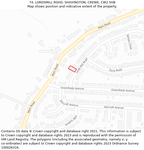 74, LORDSMILL ROAD, SHAVINGTON, CREWE, CW2 5HB: Location map and indicative extent of plot