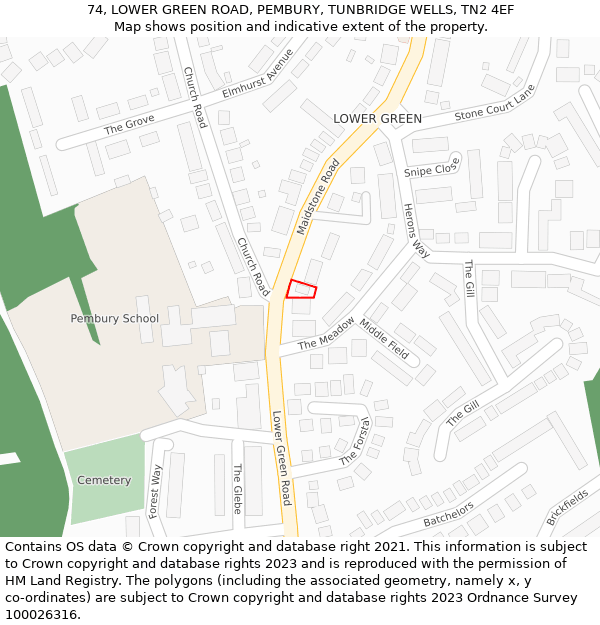 74, LOWER GREEN ROAD, PEMBURY, TUNBRIDGE WELLS, TN2 4EF: Location map and indicative extent of plot