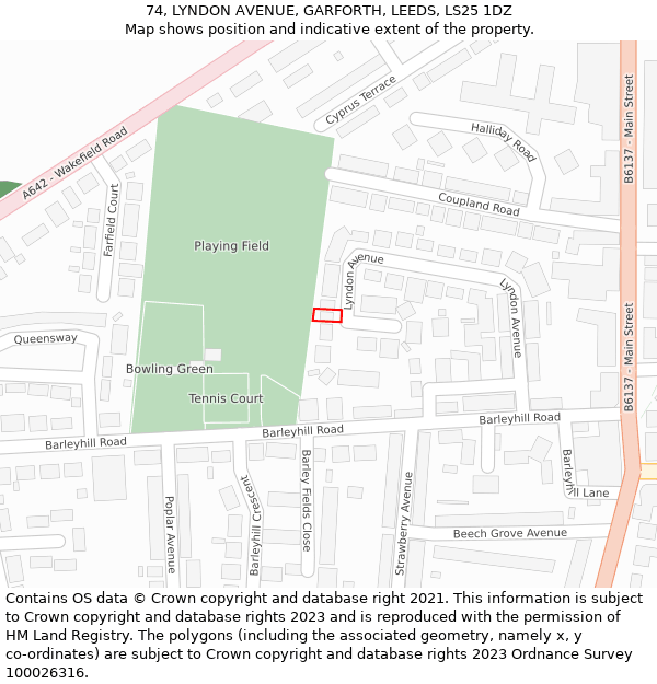 74, LYNDON AVENUE, GARFORTH, LEEDS, LS25 1DZ: Location map and indicative extent of plot