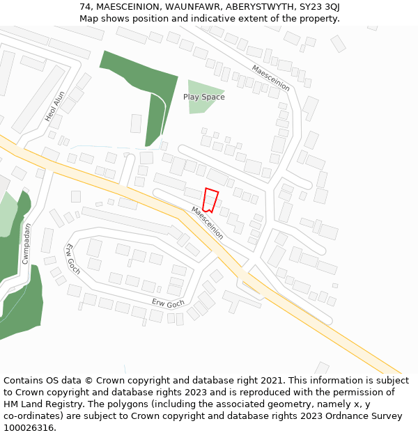 74, MAESCEINION, WAUNFAWR, ABERYSTWYTH, SY23 3QJ: Location map and indicative extent of plot