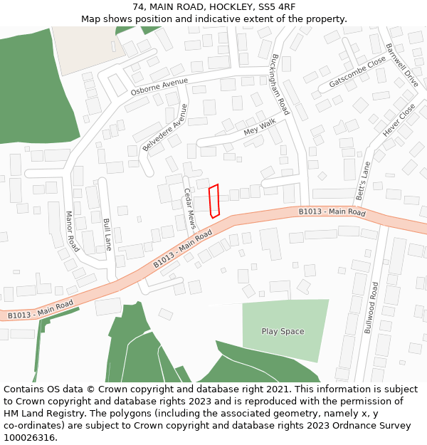 74, MAIN ROAD, HOCKLEY, SS5 4RF: Location map and indicative extent of plot