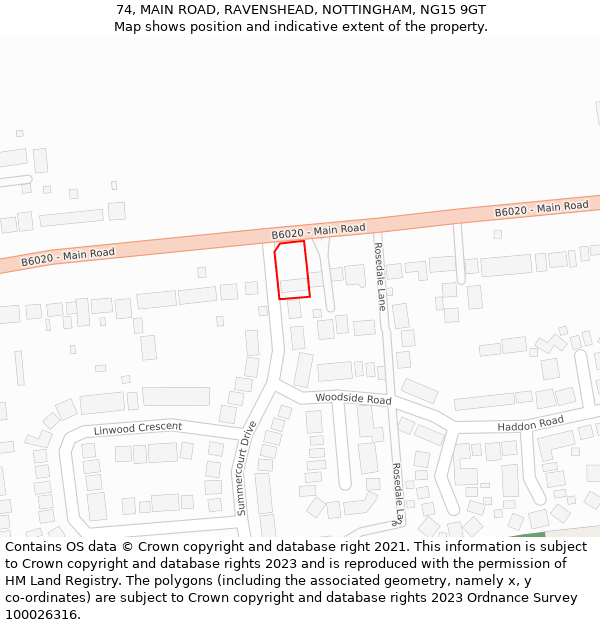 74, MAIN ROAD, RAVENSHEAD, NOTTINGHAM, NG15 9GT: Location map and indicative extent of plot