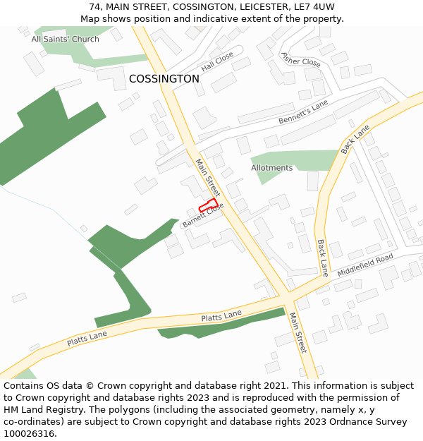 74, MAIN STREET, COSSINGTON, LEICESTER, LE7 4UW: Location map and indicative extent of plot
