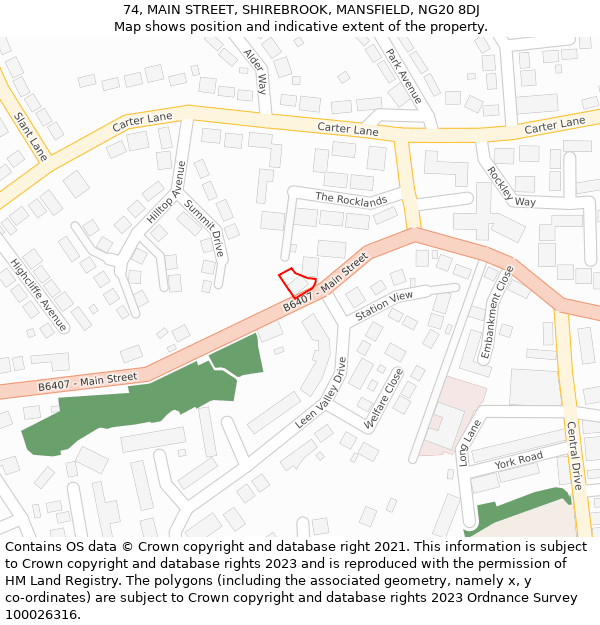 74, MAIN STREET, SHIREBROOK, MANSFIELD, NG20 8DJ: Location map and indicative extent of plot