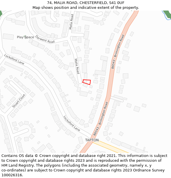 74, MALIA ROAD, CHESTERFIELD, S41 0UF: Location map and indicative extent of plot