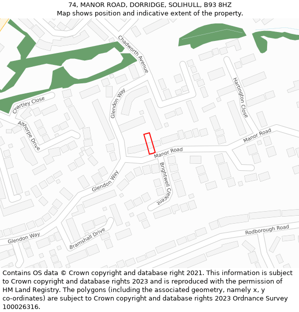 74, MANOR ROAD, DORRIDGE, SOLIHULL, B93 8HZ: Location map and indicative extent of plot