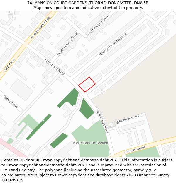 74, MANSION COURT GARDENS, THORNE, DONCASTER, DN8 5BJ: Location map and indicative extent of plot