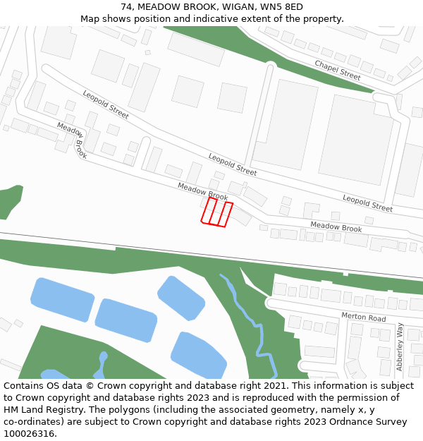 74, MEADOW BROOK, WIGAN, WN5 8ED: Location map and indicative extent of plot