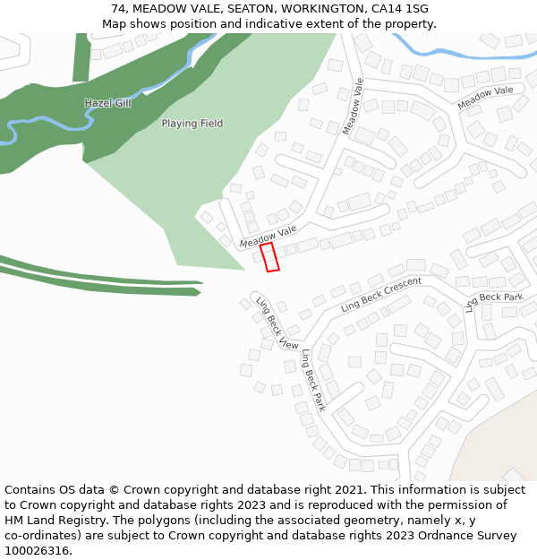 74, MEADOW VALE, SEATON, WORKINGTON, CA14 1SG: Location map and indicative extent of plot