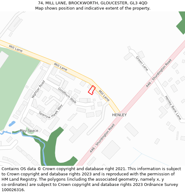 74, MILL LANE, BROCKWORTH, GLOUCESTER, GL3 4QD: Location map and indicative extent of plot